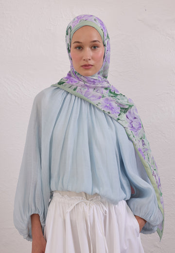 Mint Yeşili Pure Flora Desen Rami Şal