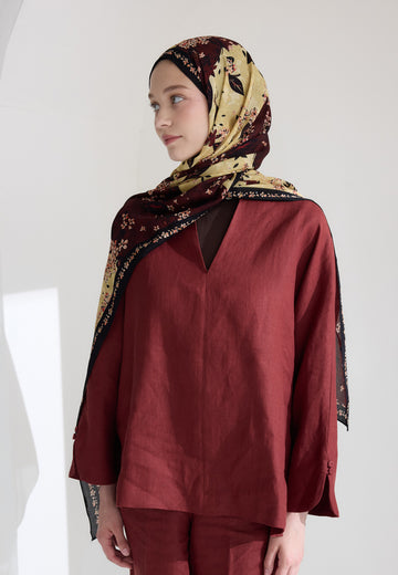 Bordo Tıny Plumerıa Floş Viskon Şal