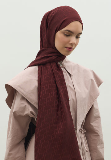 Bordo Monogram Pamuk Floş Jakarlı Şal