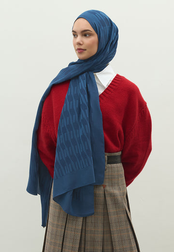 İndigo Nara Pamuk Floş Jakarlı Şal