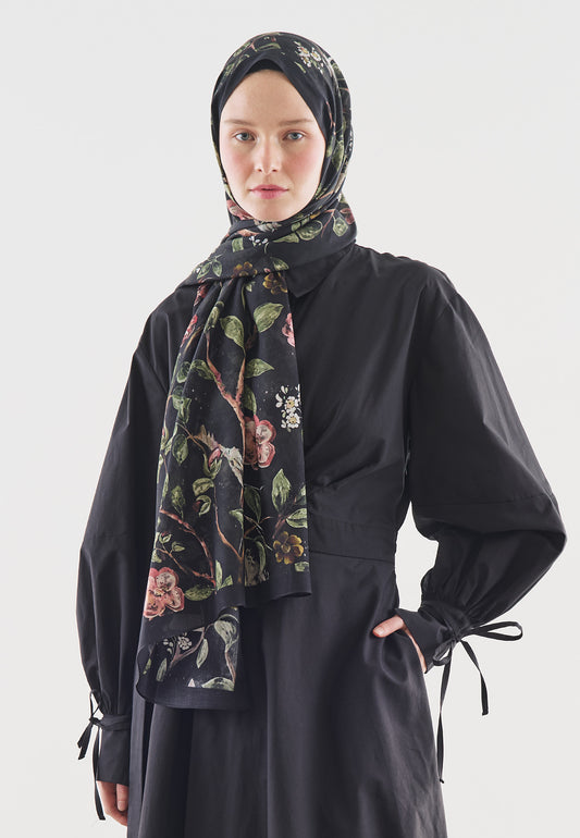 Siyah Flower Raın Desenli Pamuk Viskon Şal