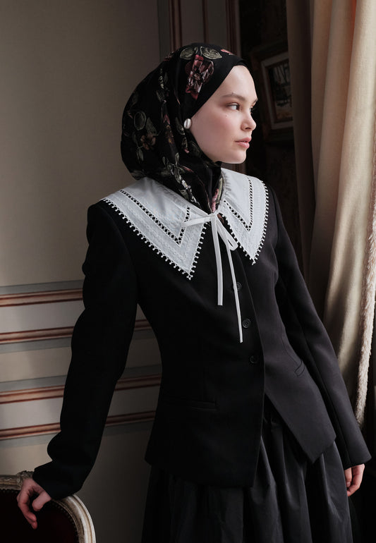 Flower Rain Desenli Pamuk Viskon Şal Siyah