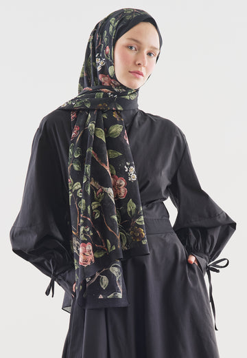 Flower Rain Desenli Pamuk Viskon Şal Siyah