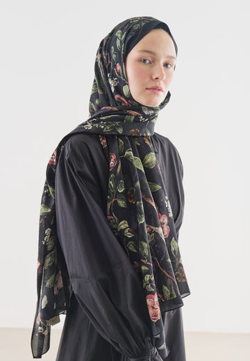 Flower Rain Desenli Pamuk Viskon Şal Siyah