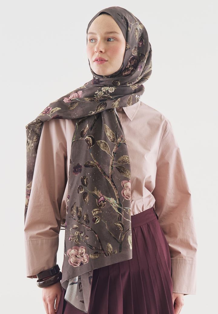 Flower Rain Desenli Pamuk Viskon Şal Füme