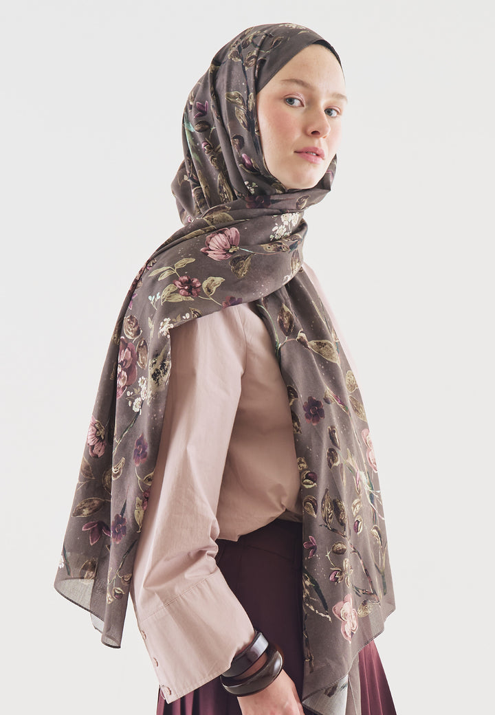 Flower Rain Desenli Pamuk Viskon Şal Füme