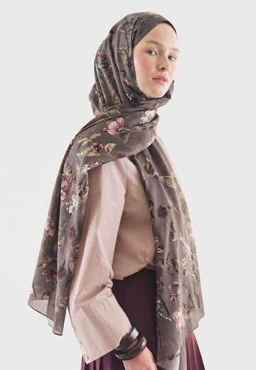 Flower Rain Desenli Pamuk Viskon Şal Füme