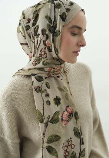 Bej Flower Raın Desenli Pamuk Viskon Şal