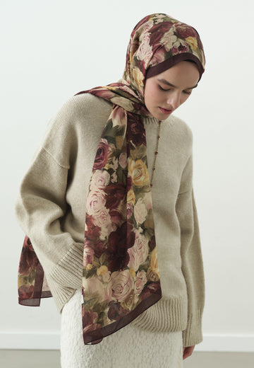 Bordo Rose Breeze Desenli Pamuk Viskon Şal