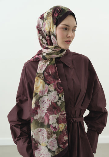 Mürdüm Rose Breeze Desenli Pamuk Viskon Şal