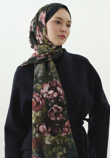 Derin Yeşil Madeleıne Desenli Pamuk Viskon Şal