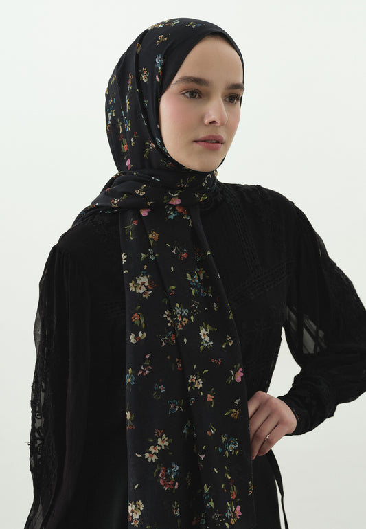 Siyah Tıny Blooms Desenli Pamuk Viskon Şal