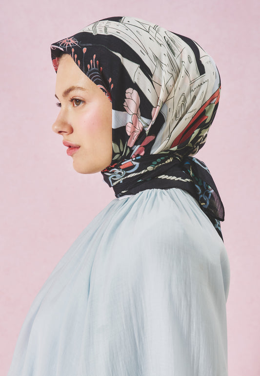 Fairytale Castle Desen Floş Viskon Eşarp Black