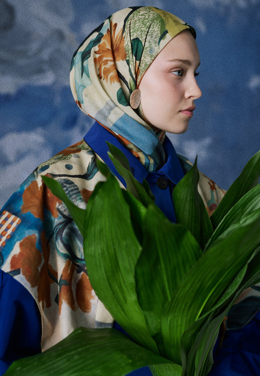 Summer Reverie Desen Vual Eşarp Lacivert
