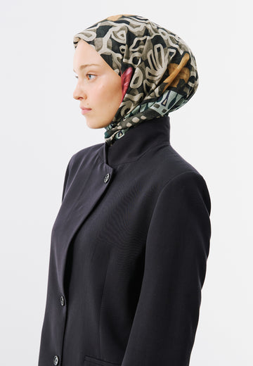 Bloom Geometry Desen Vual Eşarp Siyah