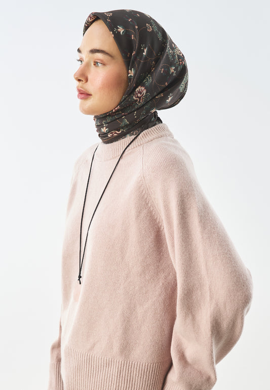 Tiny Blush Bloom Desen Pamuk İpek Eşarp Kahve