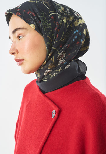 Blush Bloom Desen Pamuk İpek Eşarp Siyah