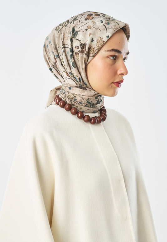 Blush Bloom Desen Pamuk İpek Eşarp Bej