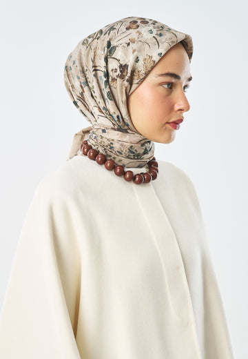 Blush Bloom Desen Pamuk İpek Eşarp Bej