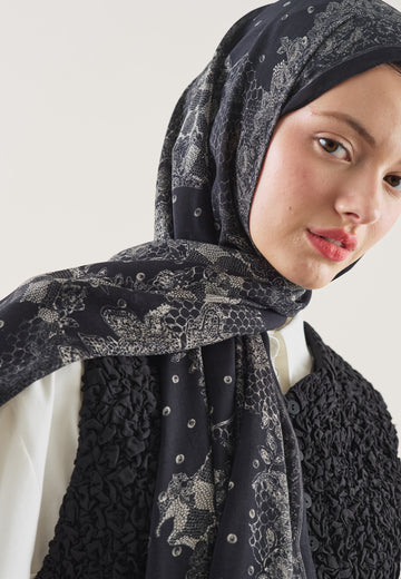 Siyah Floral Lace Desen Rami Şal