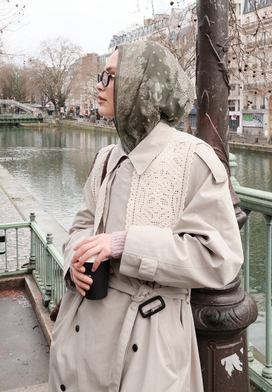 Soft Haki Floral Lace Desen Rami Şal