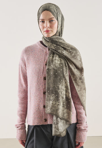 Soft Haki Floral Lace Desen Rami Şal