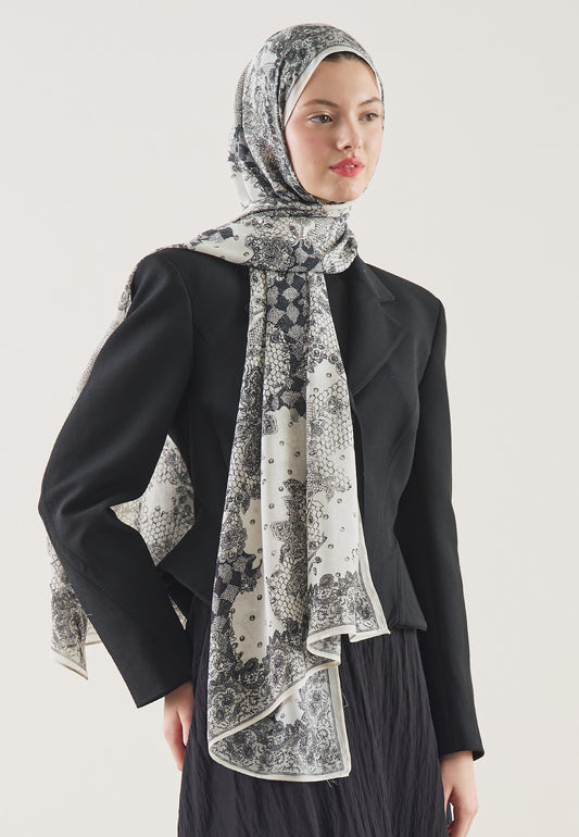 Ekru Floral Lace Desen Rami Şal