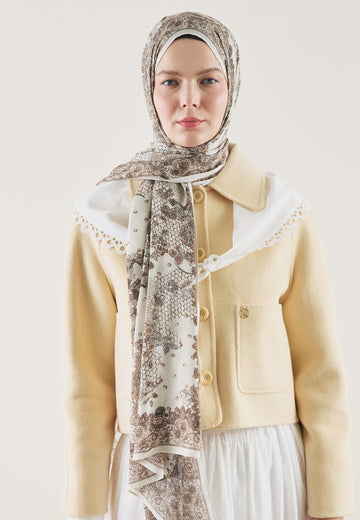 Bej Floral Lace Desen Rami Şal