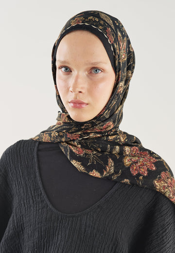Siyah Ethnıc Blossom Desen Soft Viskon Şal