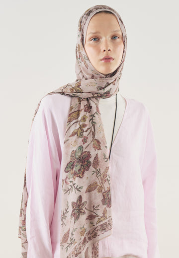Ethnic Blossom Desen Soft Viskon Şal Pudra