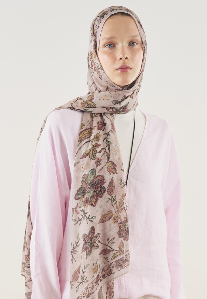 Ethnic Blossom Desen Soft Viskon Şal Pudra