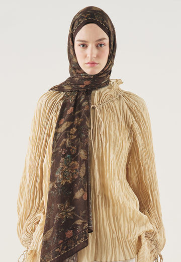 Ethnic Blossom Desen Soft Viskon Şal Çikolata Kahve