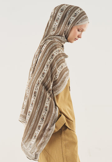 Floral Lines Desen Soft Viskon Şal Vizon