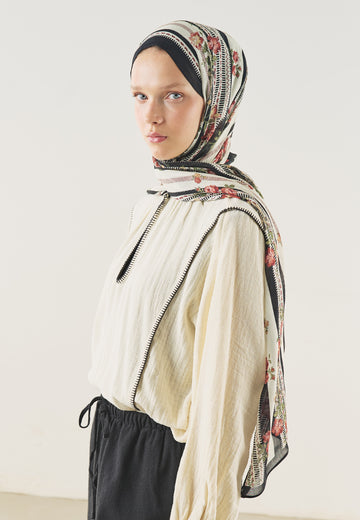 Siyah Floral Touch Desen Soft Viskon Şal