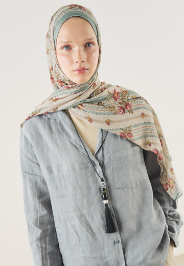 Açık Mavi Floral Touch Desen Soft Viskon Şal