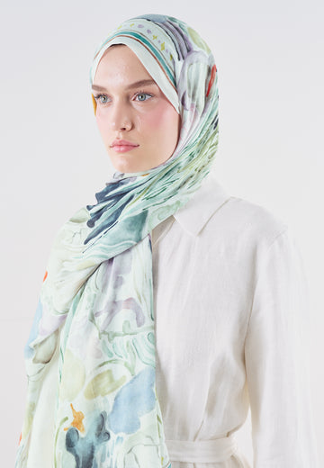 Bloomelle Desen Rami Viskon Şal Soft Yeşil
