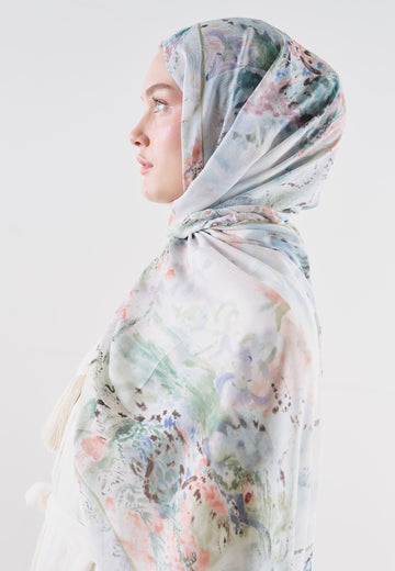 Floral Symphony Desen Rami Viskon Şal Mavi