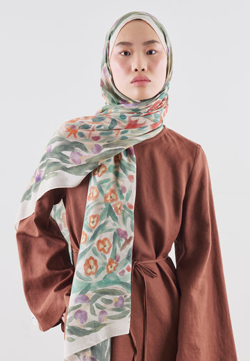 Floral Whimsy Desen Rami Viskon Şal Kırmızı