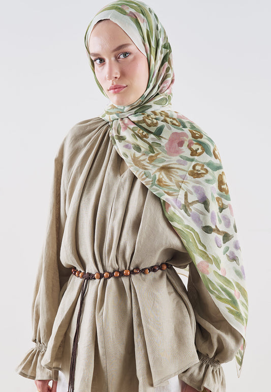 Floral Whimsy Desen Rami Viskon Şal Yeşil