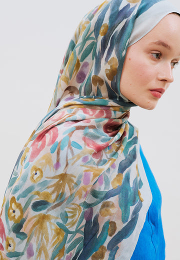 Floral Whimsy Desen Rami Viskon Şal Soft Mavi