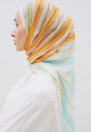 Summer Blocks Desen Rami Viskon Şal Turuncu-Mavi
