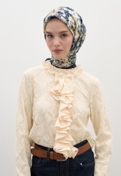 CHERRY BLOSSOM PATTERNED COTTON VISCOSE SCARF NAVY BLUE