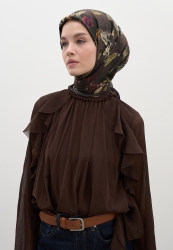 FLOWER RAIN PATTERNED COTTON VISCOSE SCARF DARK BROWN