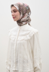 VINTAGE ROSE DESEN PAMUKLU VİSKON EŞARP VİZON