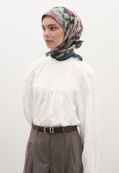 MAGNOLIA DESEN PAMUKLU VİSKON EŞARP KOYU YEŞİL