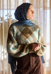 OSLO PAMUK FLOŞ JAKARLI ŞAL KOT MAVİ