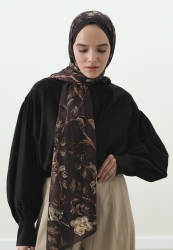FLOWER RAIN DESENLİ PAMUK VİSKON ŞAL KAHVE