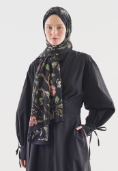 FLOWER RAIN DESENLİ PAMUK VİSKON ŞAL SİYAH
