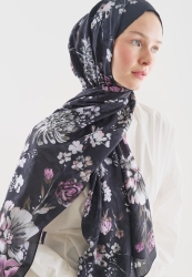 MIDNIGHT ROSE DESENLİ PAMUK VİSKON ŞAL GECE MAVİSİ