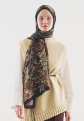 SOFT HIBISCUS DESENLİ PAMUK VİSKON ŞAL SİYAH